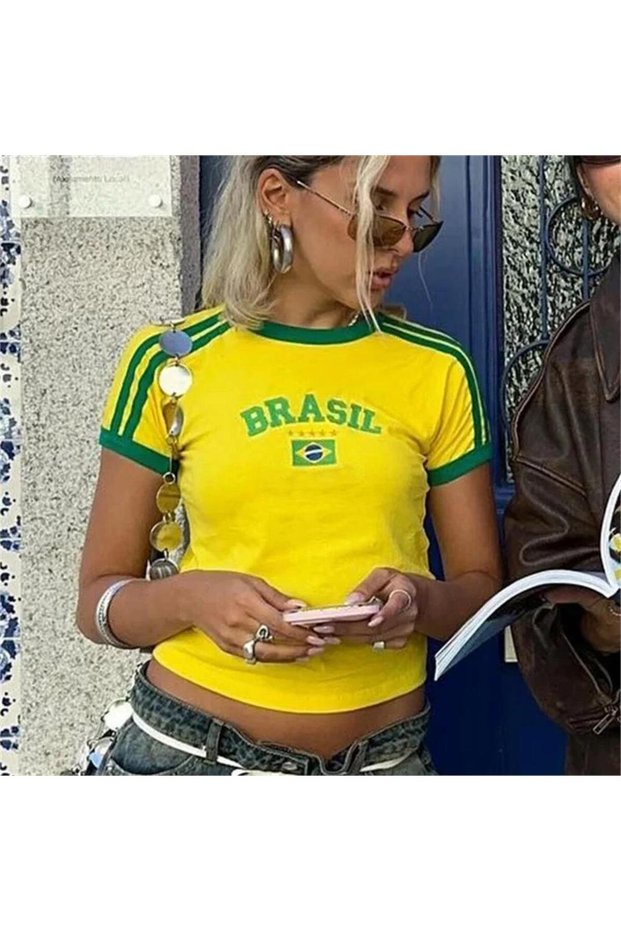Yellow Vintage Brasil Short Sleeve Crop