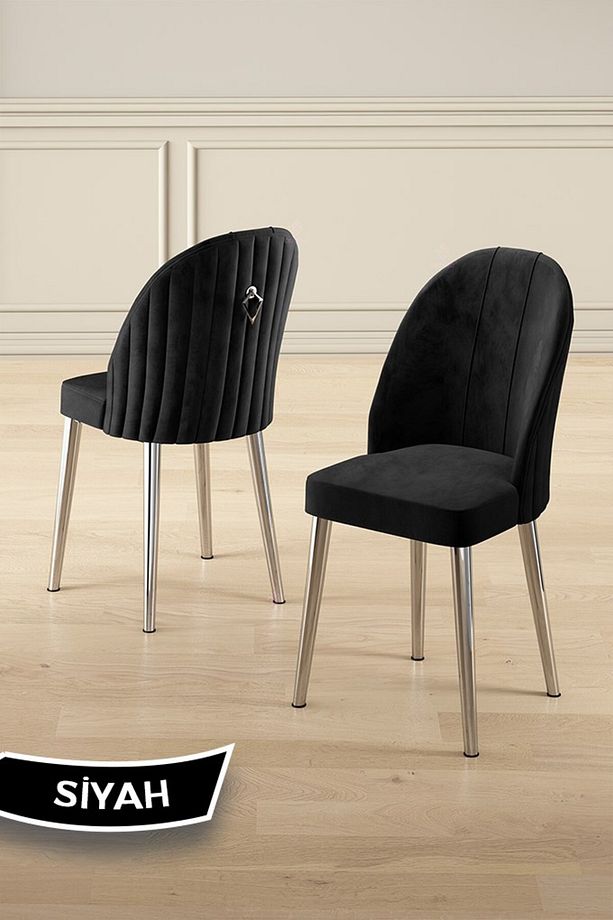 Sim Serisi 89x150 Açılabilir Lak Panel Siyah Mermer Krom Ayak Masa Takımı ve 6 Siyah Sandalye - 3