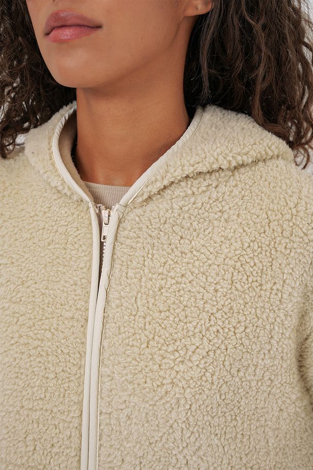 55456 Kadın Kapüşonlu Oversize Peluş Ceket - Ekru - 5