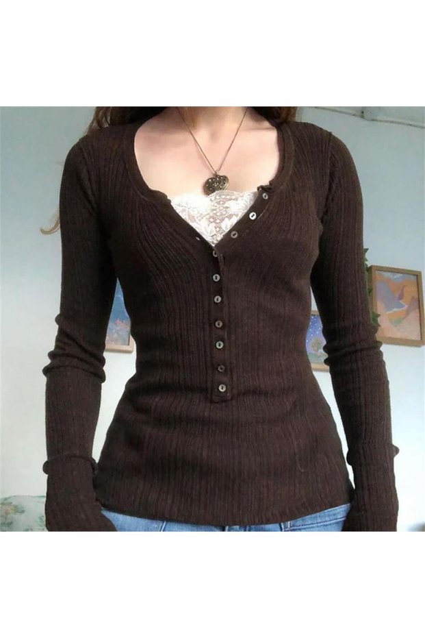 Brown Button Detailed Lace Collar Long Sleeve Blouse