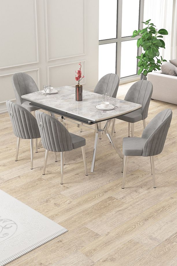 Sim Serisi 89x150 Açılabilir Lak Panel Rampla Gri Krom Ayak Masa Takımı ve 6 Gri Sandalye - 1