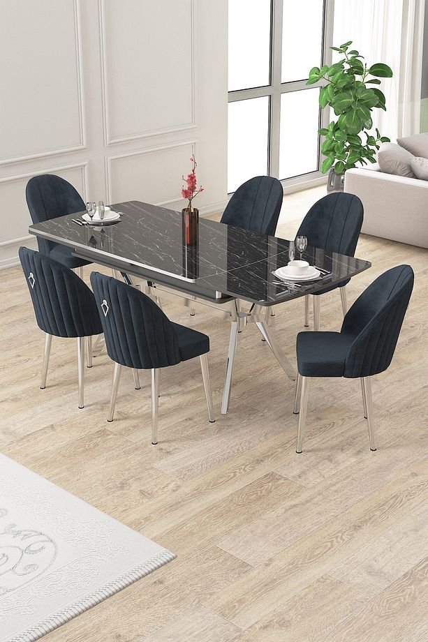 Sim Serisi 89x150 Açılabilir Lak Panel Siyah Mermer Krom Ayak Masa Takımı Ve 6 Antrasit Sandalye - 2
