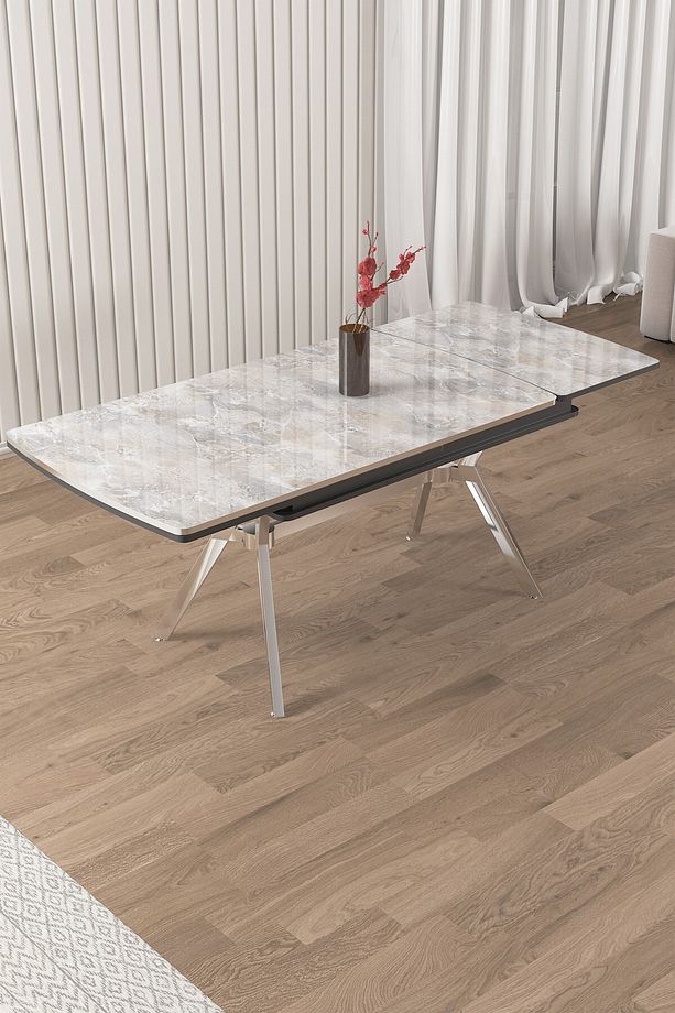 Sim Serisi 89x150 Açılabilir Lak Panel Rampla Gri Krom Ayak Masa Takımı ve 6 Gri Sandalye - 4