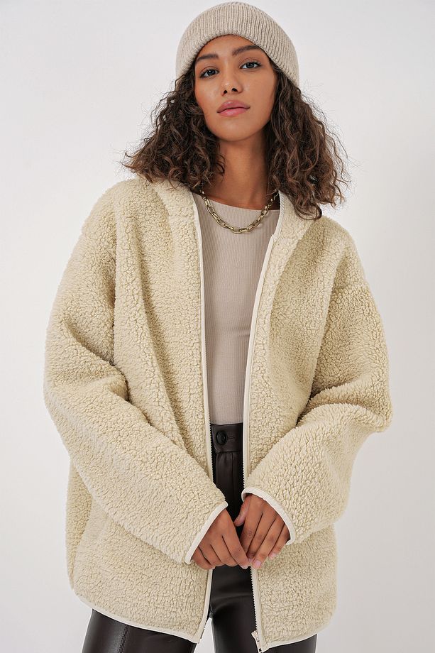 55456 Kadın Kapüşonlu Oversize Peluş Ceket - Ekru - 1