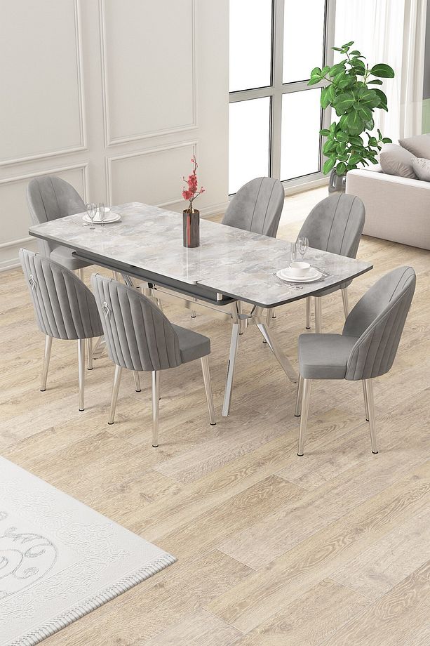 Sim Serisi 89x150 Açılabilir Lak Panel Rampla Gri Krom Ayak Masa Takımı ve 6 Gri Sandalye - 2