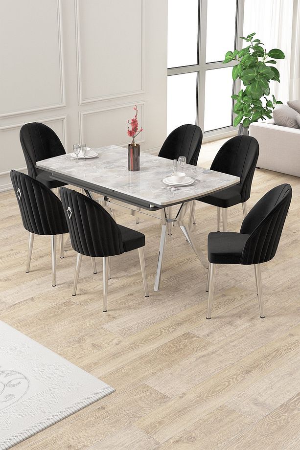 Sim Serisi 89x150 Açılabilir Lak Panel Rampla Gri Krom Ayak Masa Takımı ve 6 Siyah Sandalye - 1