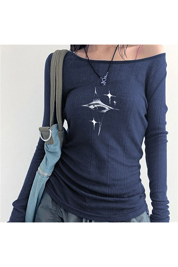 Navy Blue Crystal Eye Madonna Collar Harajuku Y2K Long Sleeve Crop