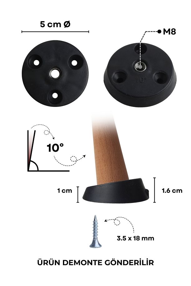 35cm Açılı Ahşap Konik Ayak, Baza Ayağı, Koltuk Ayağı, Tv Ünitesi, Dolap Yükseltici Aparatlı 4lü - 4