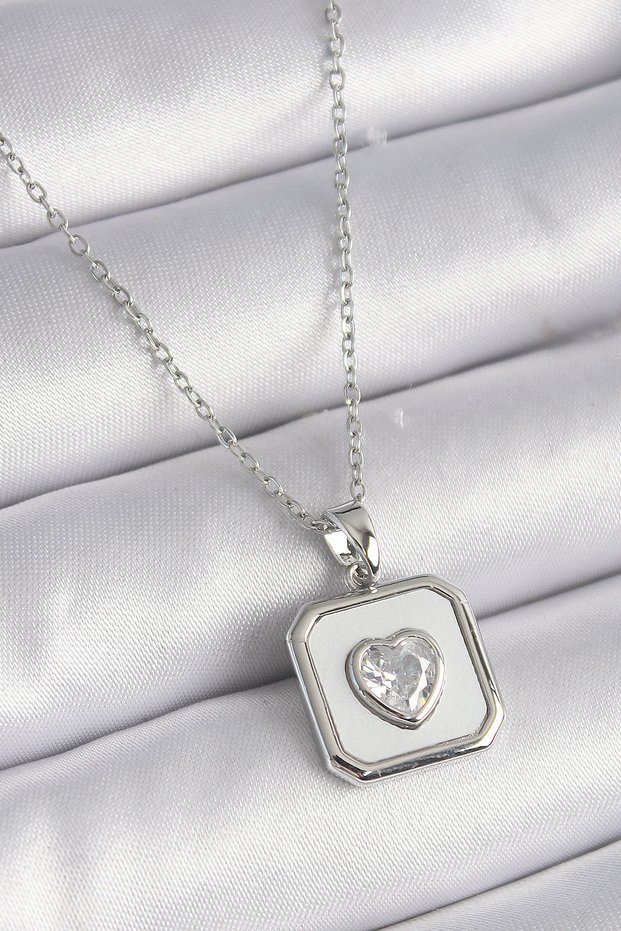 316L Steel Silver Color Square Medallion Heart Zircon Stone Processing Women's Necklace