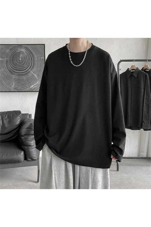 Plain Black Thin Fabric Oversize Unisex Long Sleeve