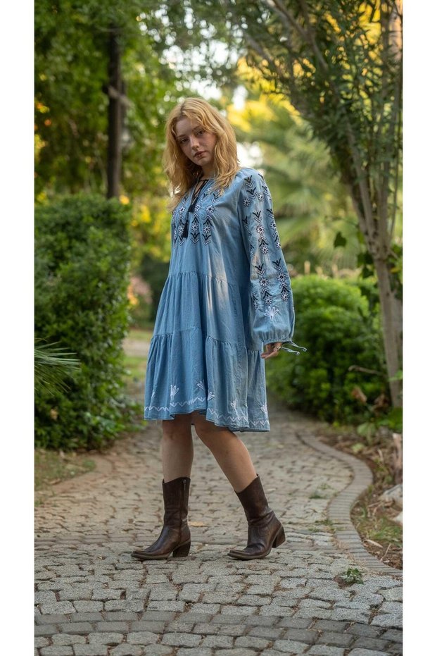 Blue Embroidered Collar and Sleeves Drawstring Bohemian Dress