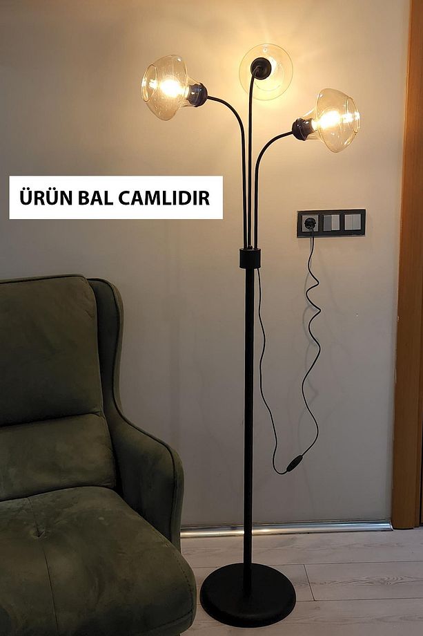 Zambak 3 Lü Siyah Tasarım Metal Ayaklı Lambader 2044B Oturma Odası-Salon Lambader - 1