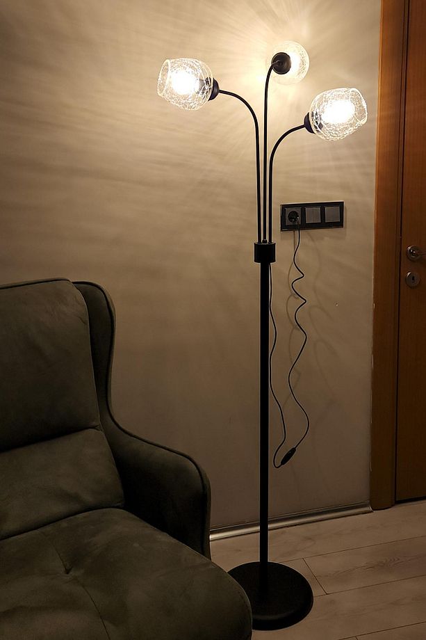 Zambak 3 Lü Siyah Tasarım Metal Ayaklı Lambader Çatlak Cam Oturma Odası-Salon Lambader - 3