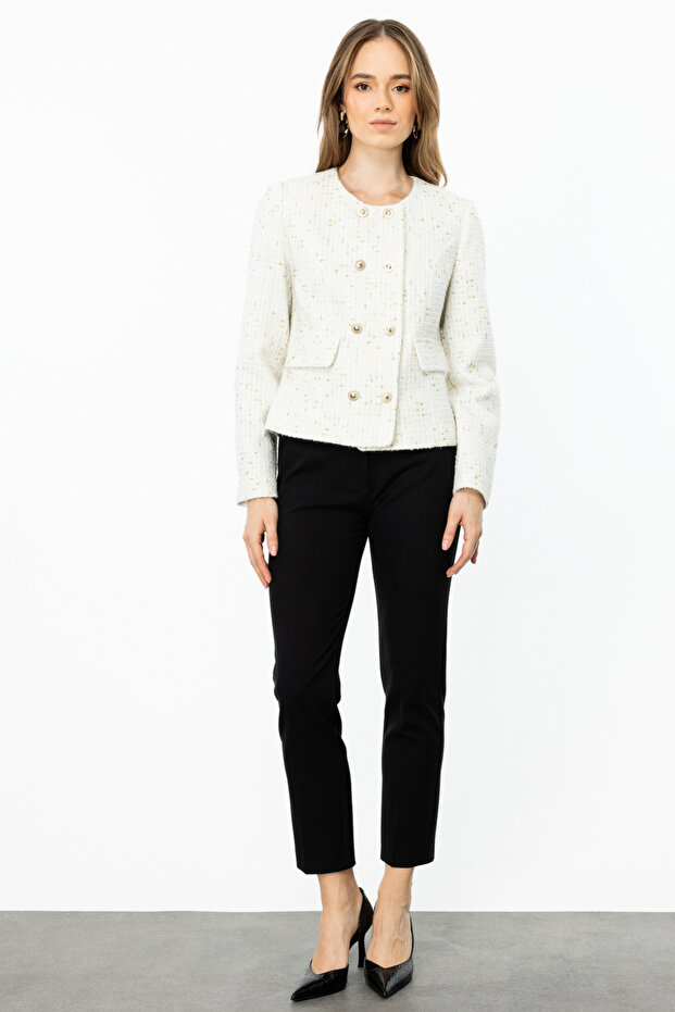 Ecru-1123 Model Self Patterned Buttoned Jacket - 2