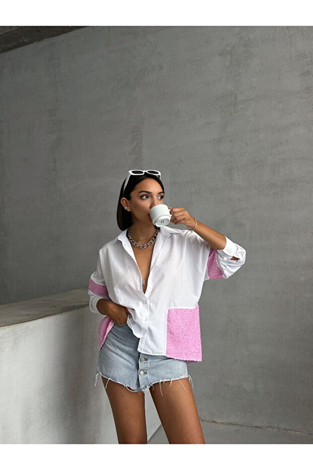 PULLU KOT DETAYLI GÖMLEK PEMBE - 3