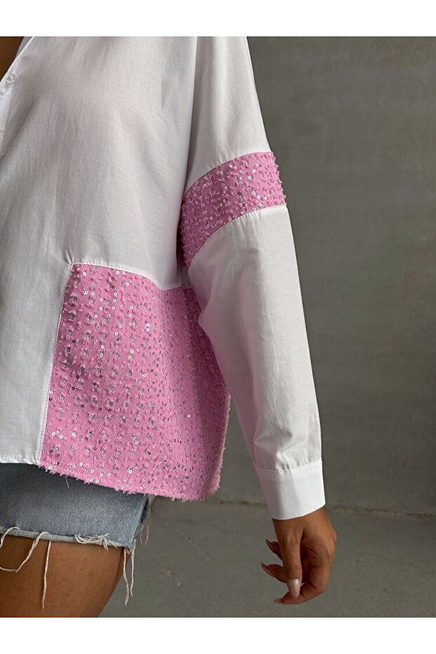 PULLU KOT DETAYLI GÖMLEK PEMBE - 5