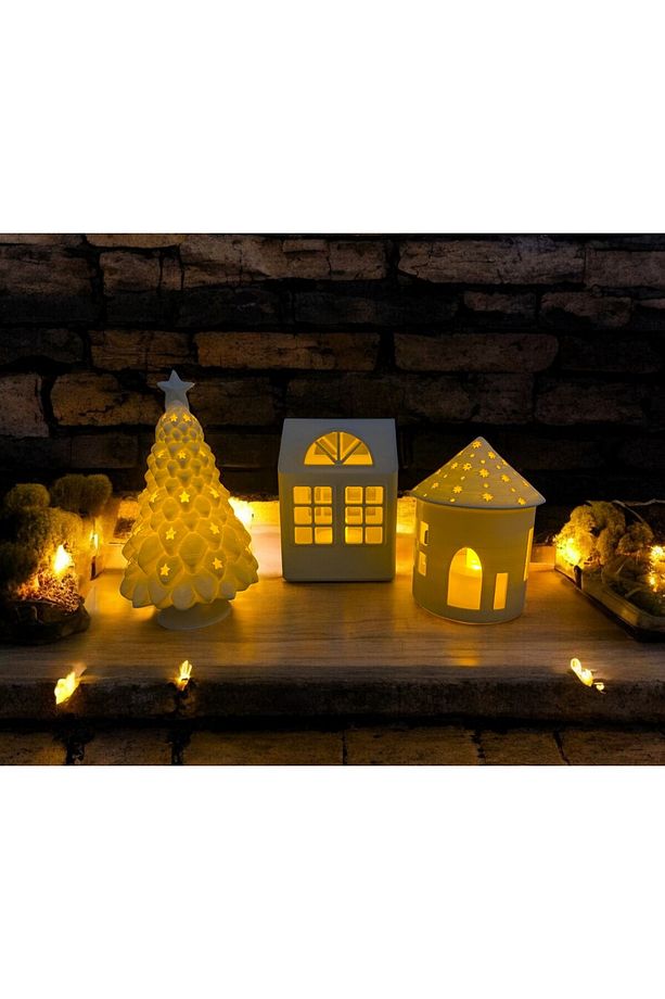 3lü Set Led Mum Işıklı Yılbaşı Noel Çam Ağacı Ev Evler Tealight 3 ADET LED MUM DAHIL - 1