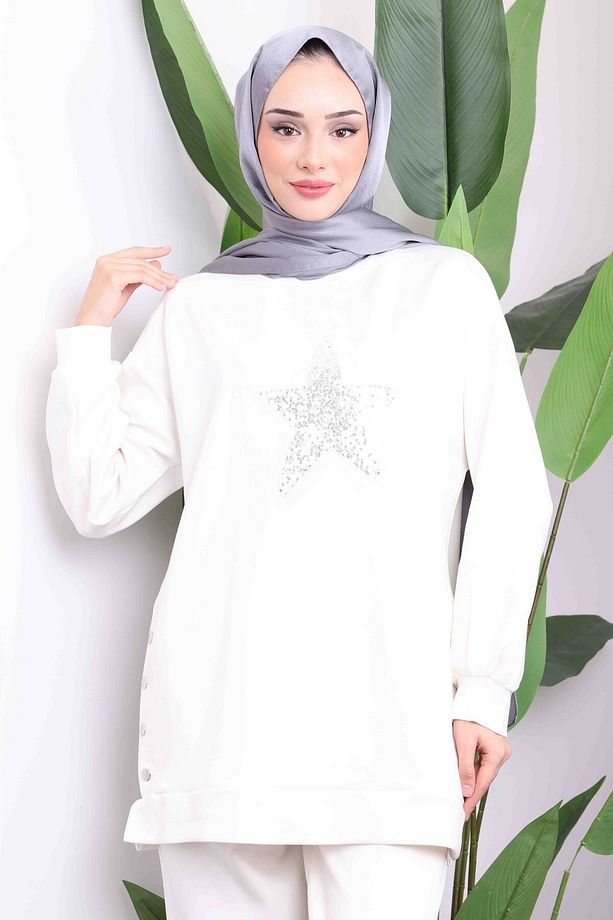 Ekru Pul Nakışlı Modal Tunik Pantolonlu Takım - 3