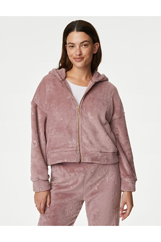 Yıldız Desenli Kapüşonlu Polar Pijama Üstü - 1