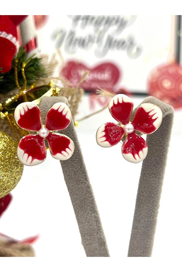 Red Color Flower Figured Pearl Detailed Earrings (2.5X2.5Cm)