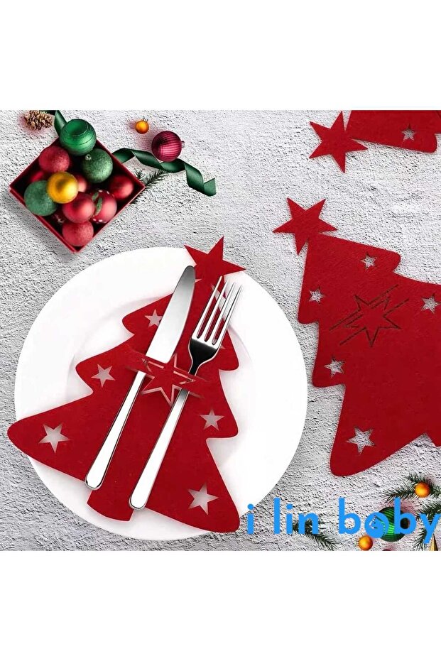 Red 6 Pieces Decorative Pine Tree Spoon Holder Christmas Decoration