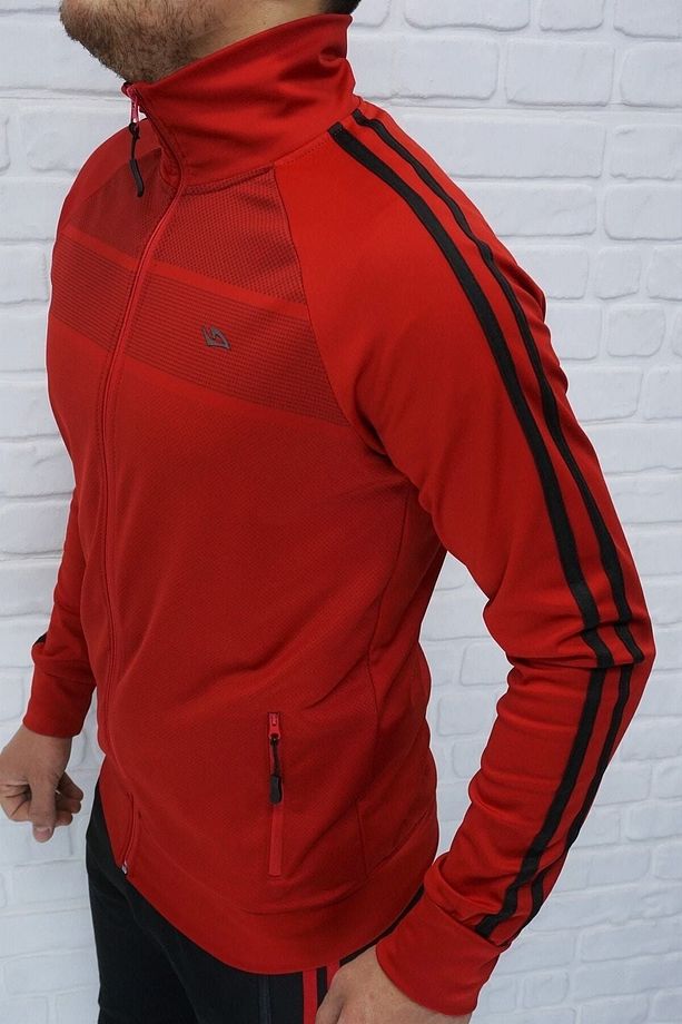 Erkek Kırmızı Eşofman Takımı Dalgıç Kumaş Yanları Şeritli - 7