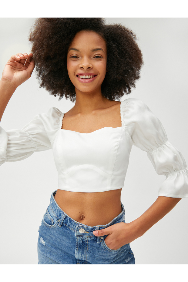 Balloon Sleeve Crop Blouse - Square Neck Viscose Gather