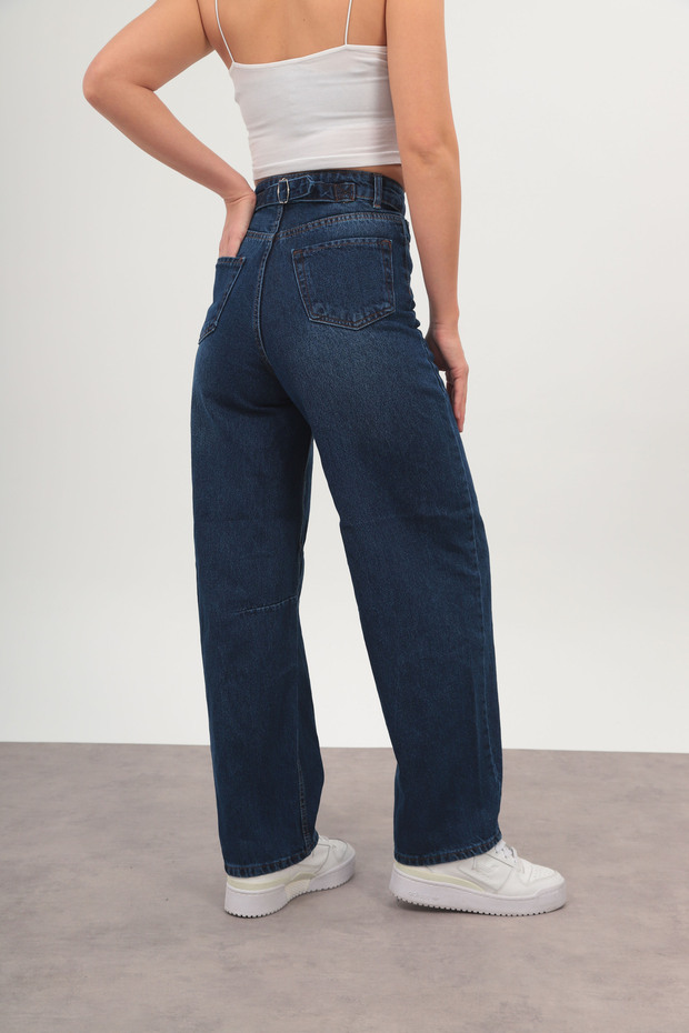 Navy Blue Baggy Adjustable Waist Buckle Women's Wide Leg 2024 New Model Jeans
