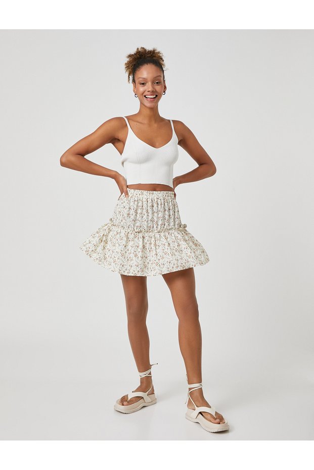 Floral Mini Skirt Frilly Viscose Elastic Waist
