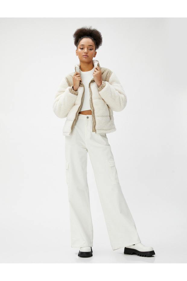 Plush Coat Stand-up Collar Pocket Detailed Zippered