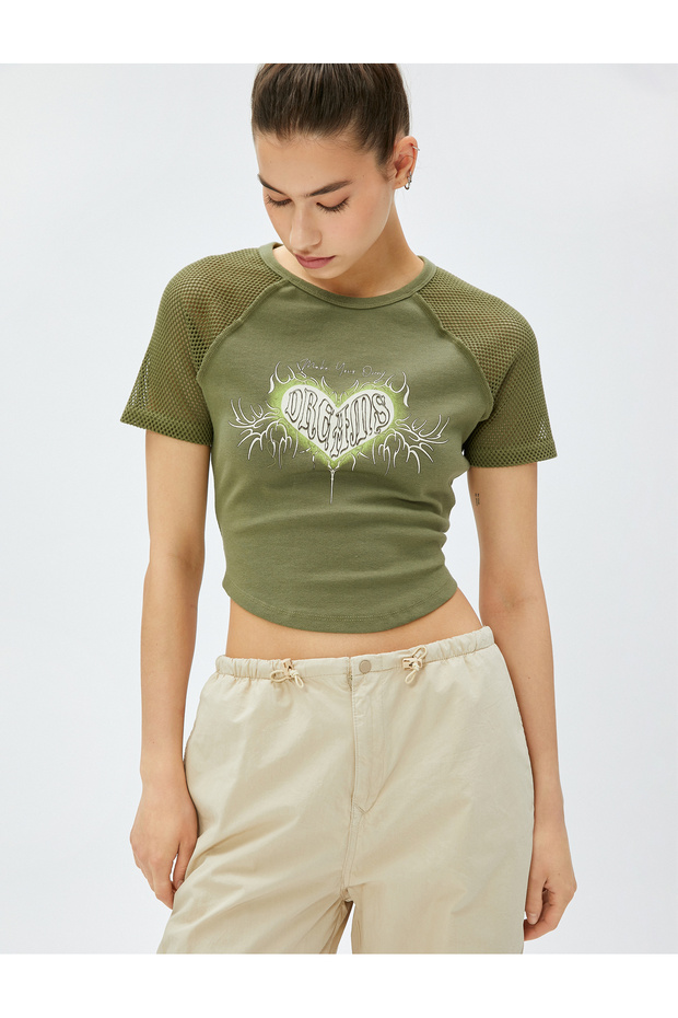 Crop T-Shirt Printed Mesh Detailed Crew Neck Cotton