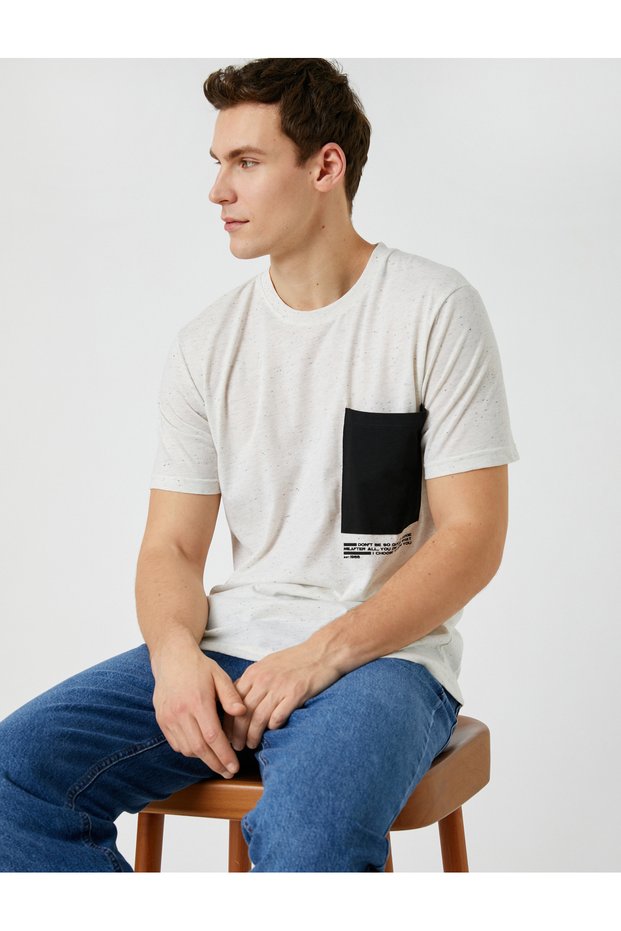 Slogan Printed T-Shirt with Pocket Detail Crew Neck