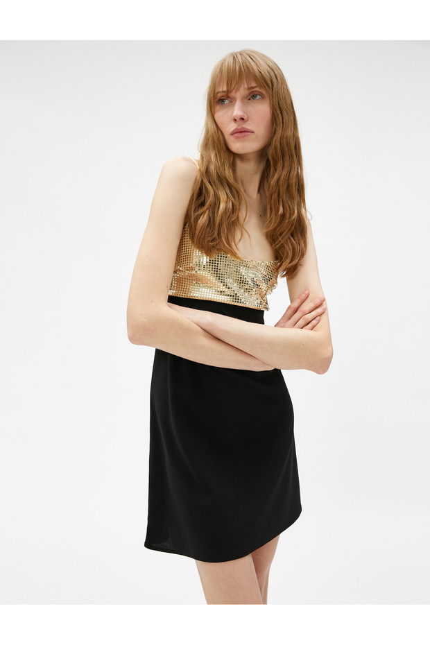 Sequin Detailed Evening Dress with Straps