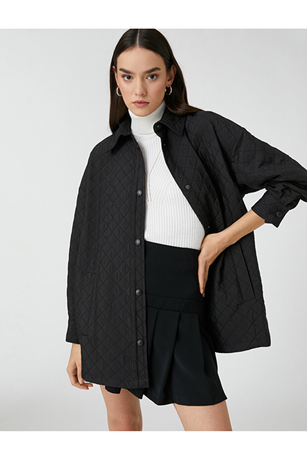 Oversize Quilted Jacket Shirt with Collar Pocket