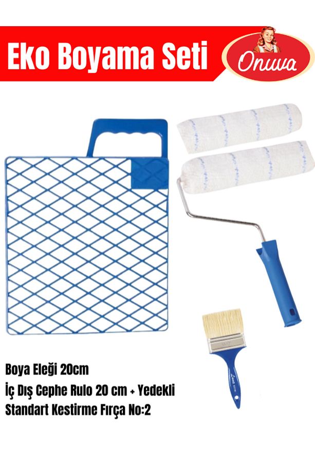 4 parça boyacı seti | Boya Eleği 20cm,İç Dış cephe Rulo 20cm Yedekli,Standart kestirme fırça no:2 - 1
