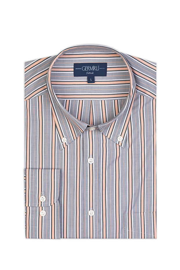 Grey Salmon Striped Button Collar Pocket Tailor Fit Cotton Shirt