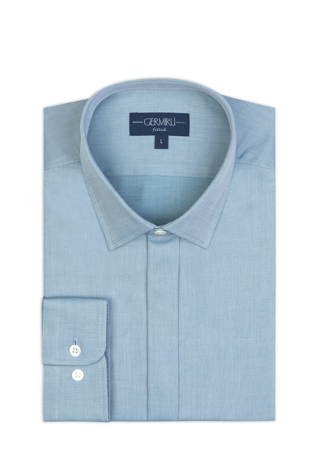 Mint Yeşil Gizli Pat Soft Yaka Tailor Fit Diyagonal Desen Pamuk Gömlek - 2