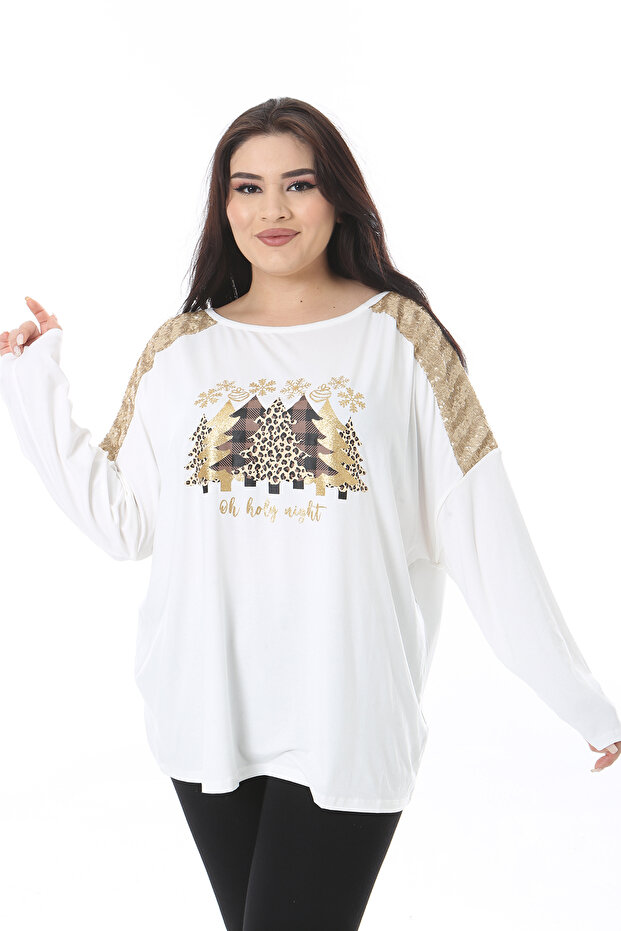 Women's Plus Size Bone Sequin and Glitter Detail Long Sleeve Lycra Blouse 65N38537