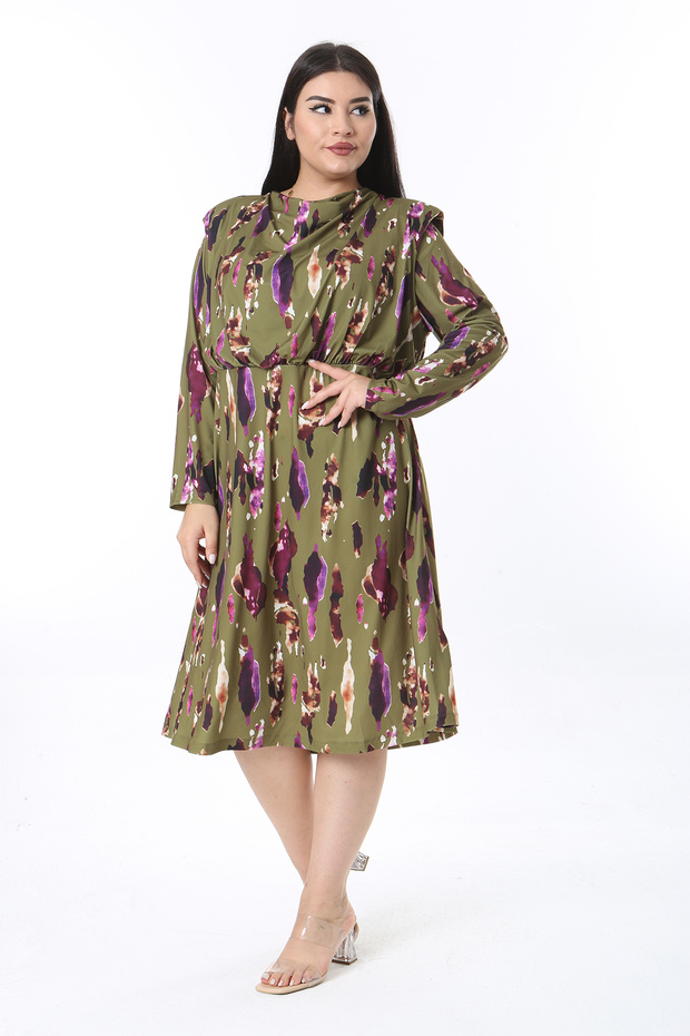Women's Plus Size Green Low Collar Waist Drawstring Long Sleeve Dress 65N38483