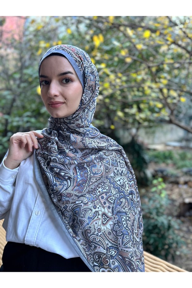 Smoked Colored Hijab Gerbera Patterned Cotton Soft Shawl