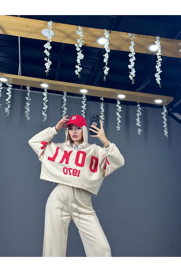 Oversize Crop Alt Üst Kombin Spor Takım Bej - 1