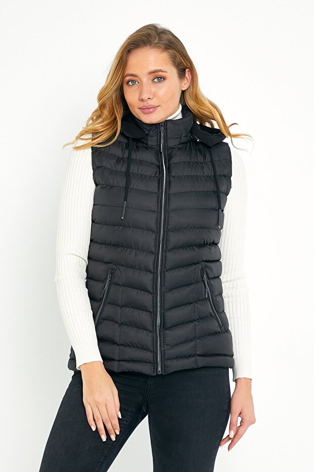 Women's Black Puffer Vest with Fleece Inside Hood - 1