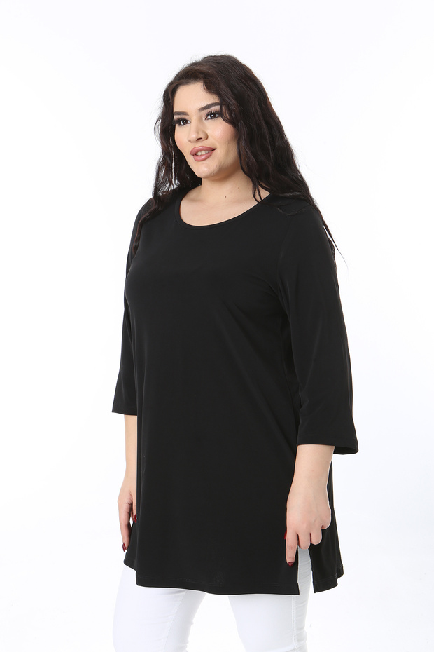 Women's Plus Size Black Crew Neck Capri Sleeve Lycra Long Blouse 65N38653