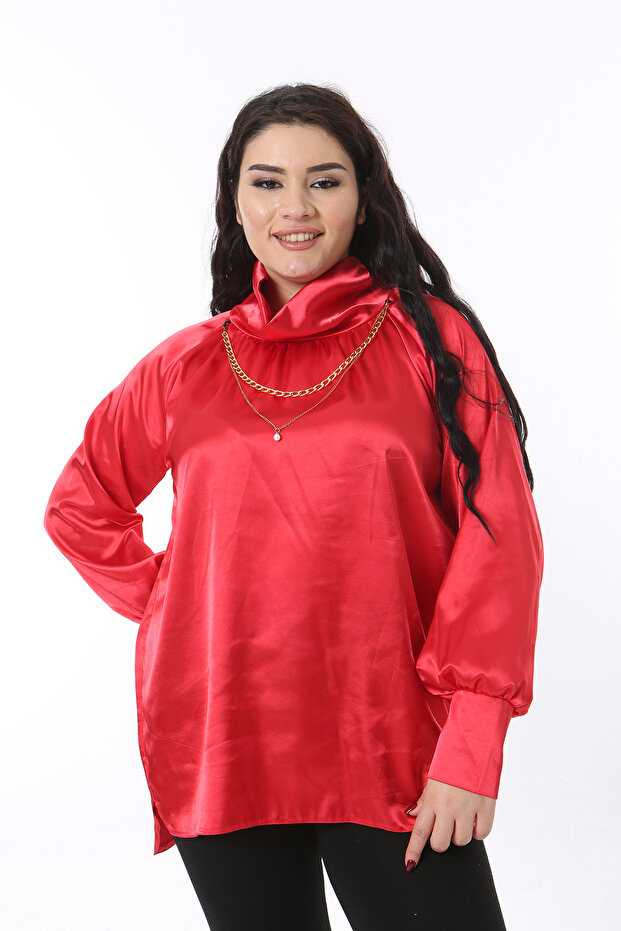 Women's Plus Size Red Collar Detail Satin Blouse 65N38706