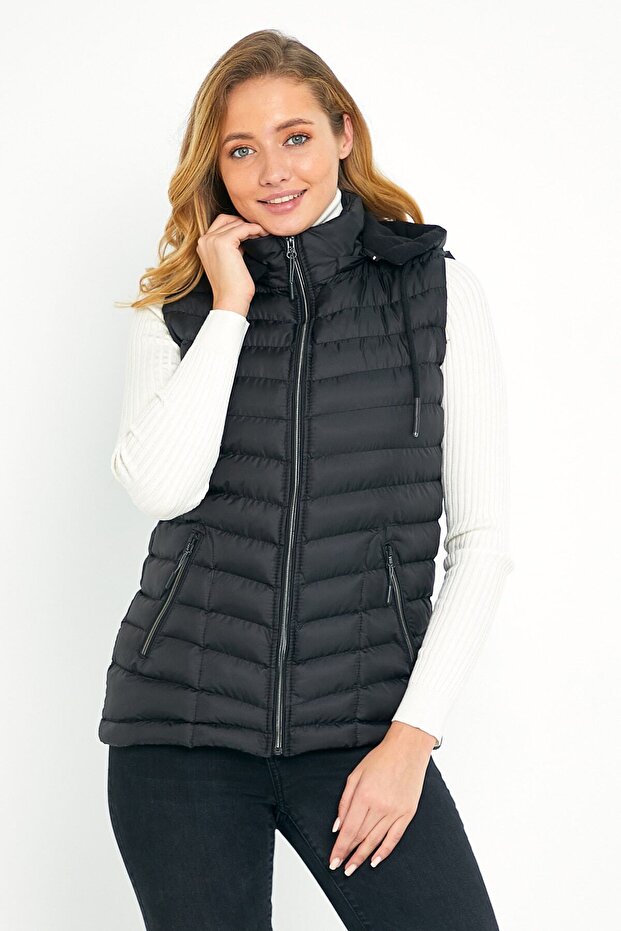 Women's Black Puffer Vest with Fleece Inside Hood - 6