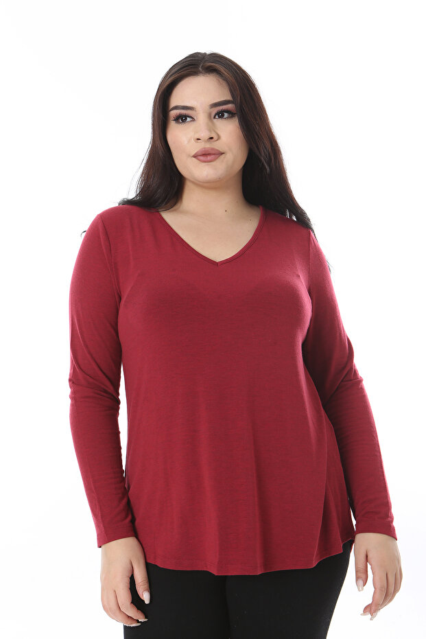 Women's Plus Size Burgundy V Neck Long Sleeve Lycra Blouse 65N38652