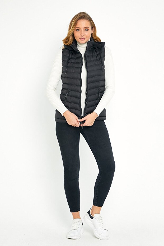Women's Black Puffer Vest with Fleece Inside Hood - 3