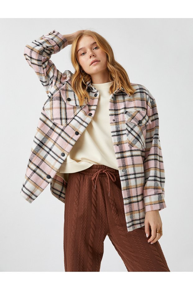Long Sleeve Oversize Plaid Shirt with Buttoned Pocket Detail