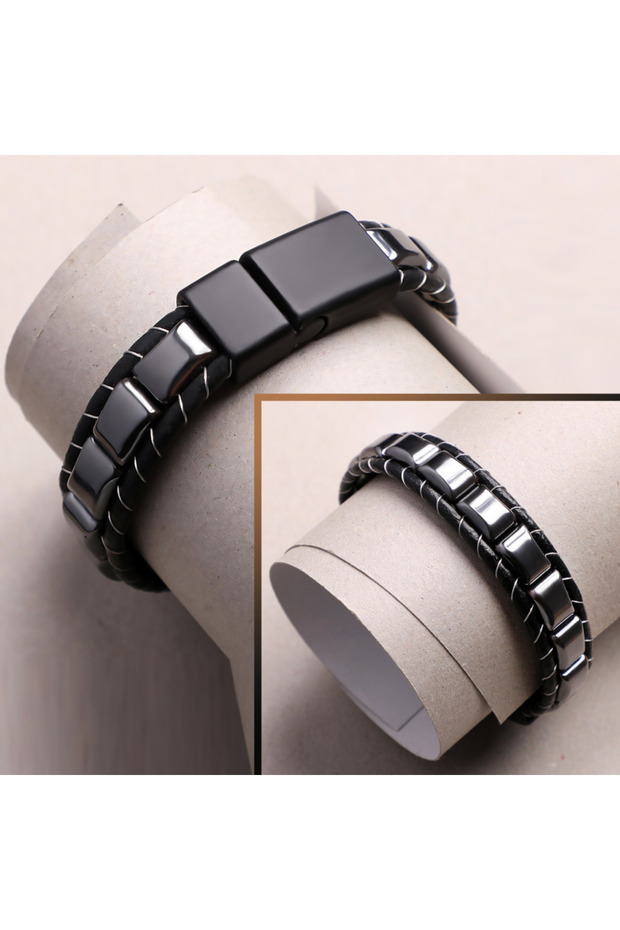 Hematit Örmeli Deri Bileklik CSR1180036 - 2