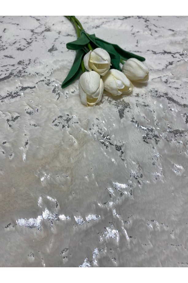Suadiye, Tavşan Tüyü Yumuşacık, Kaymaz Taban, Emici 2'li Süper Lüks Simli Banyo Paspası Beyaz Gümüş - 7